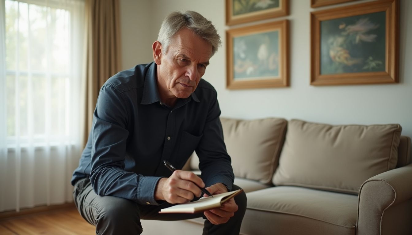 A focused appraiser inspects a cozy suburban living room for appraisal. A focused appraiser inspects a cozy suburban living room for appraisal.