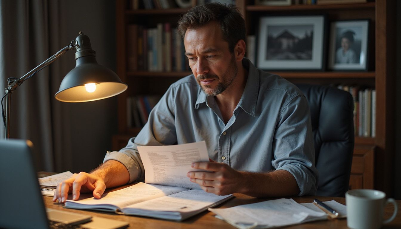 A middle-aged man reviews financial documents at a cluttered desk. A middle-aged man reviews financial documents at a cluttered desk.
