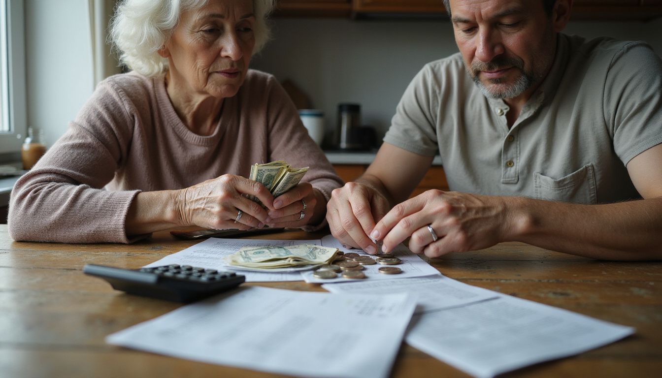 An elderly woman and a man manage household finances at a kitchen table. An elderly woman and a man manage household finances at a kitchen table.