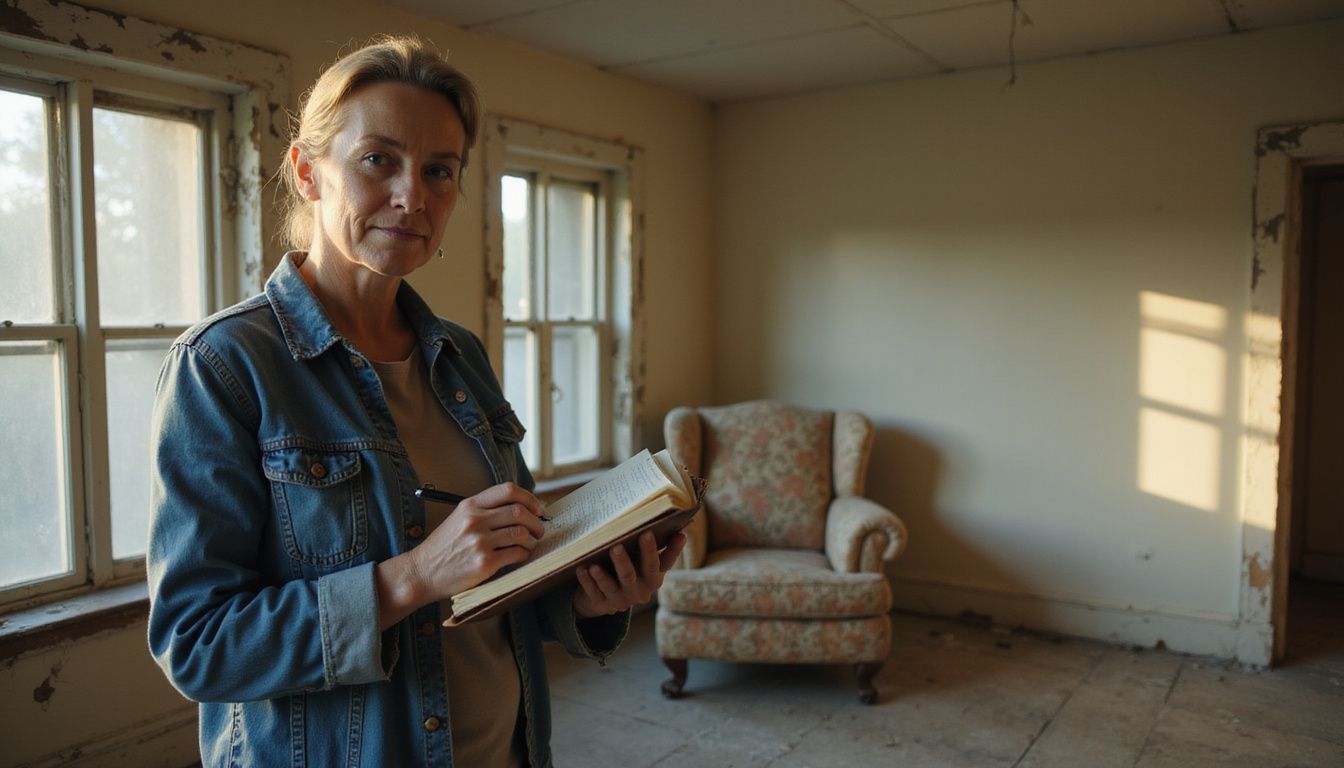 A woman evaluates the deterioration of a worn suburban living room. A woman evaluates the deterioration of a worn suburban living room.
