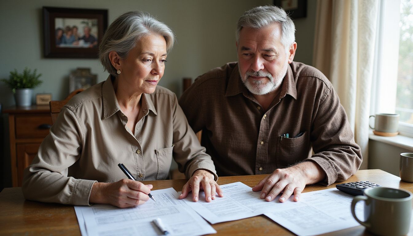 An elderly couple reviews tax documents at their dining table. An elderly couple reviews tax documents at their dining table.