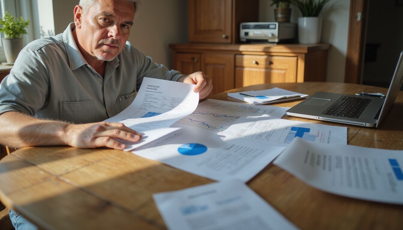 A middle-aged homeowner studies a market analysis report at a table. A middle-aged homeowner studies a market analysis report at a table.
