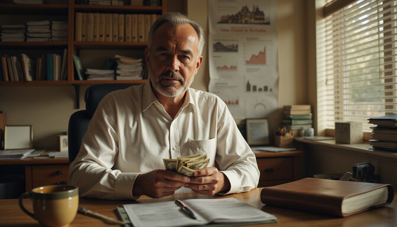 A middle-aged man counts cash in a cluttered real estate office. A middle-aged man counts cash in a cluttered real estate office.