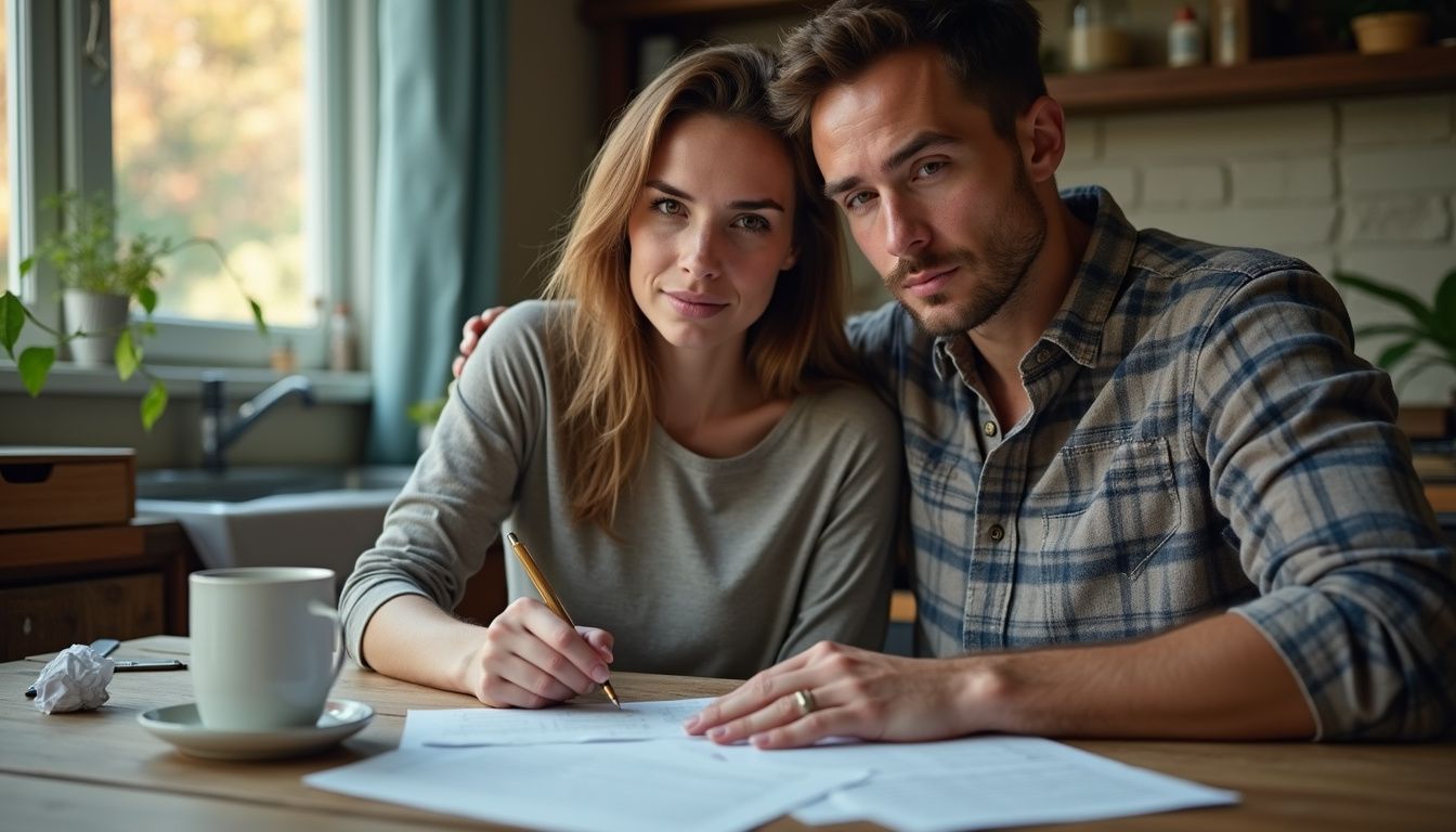 A woman and man discuss a document at a rustic kitchen table. A woman and man discuss a document at a rustic kitchen table.