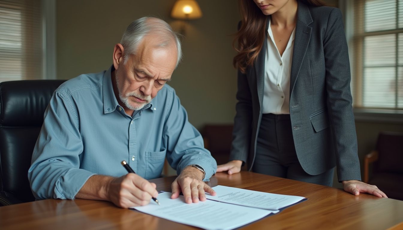 An older man signs documents at a desk with an attentive agent. An older man signs documents at a desk with an attentive agent.
