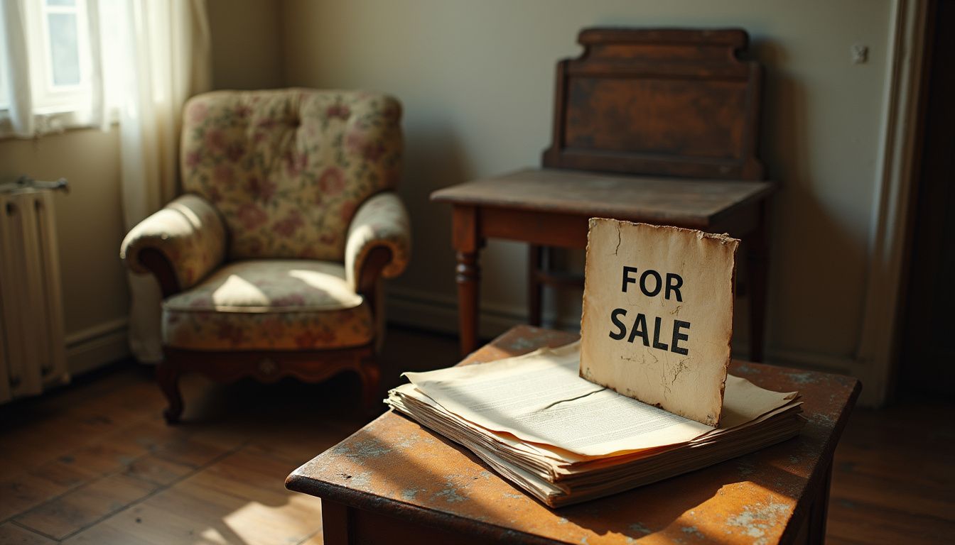 A cozy, worn living room with dated furniture and paperwork. A cozy, worn living room with dated furniture and paperwork.
