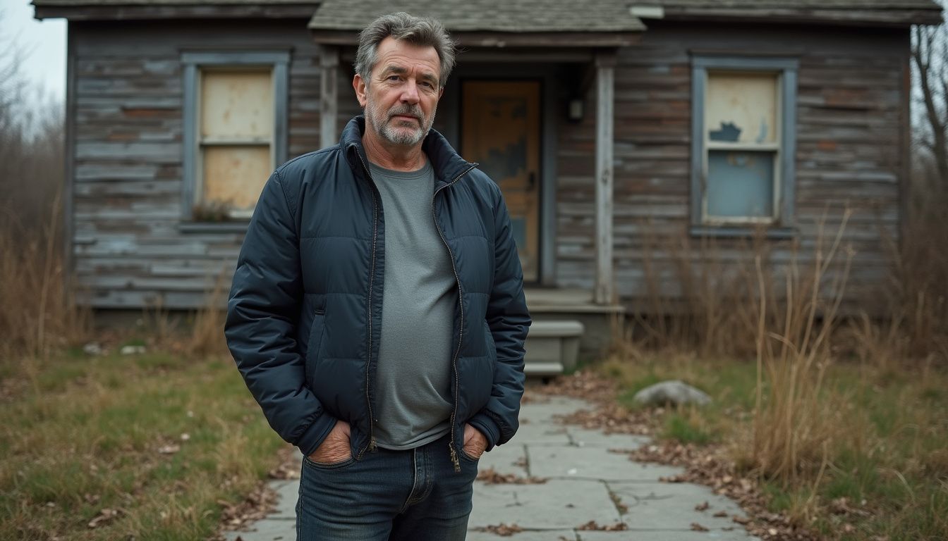 A man stands thoughtfully in front of a neglected house. A man stands thoughtfully in front of a neglected house.
