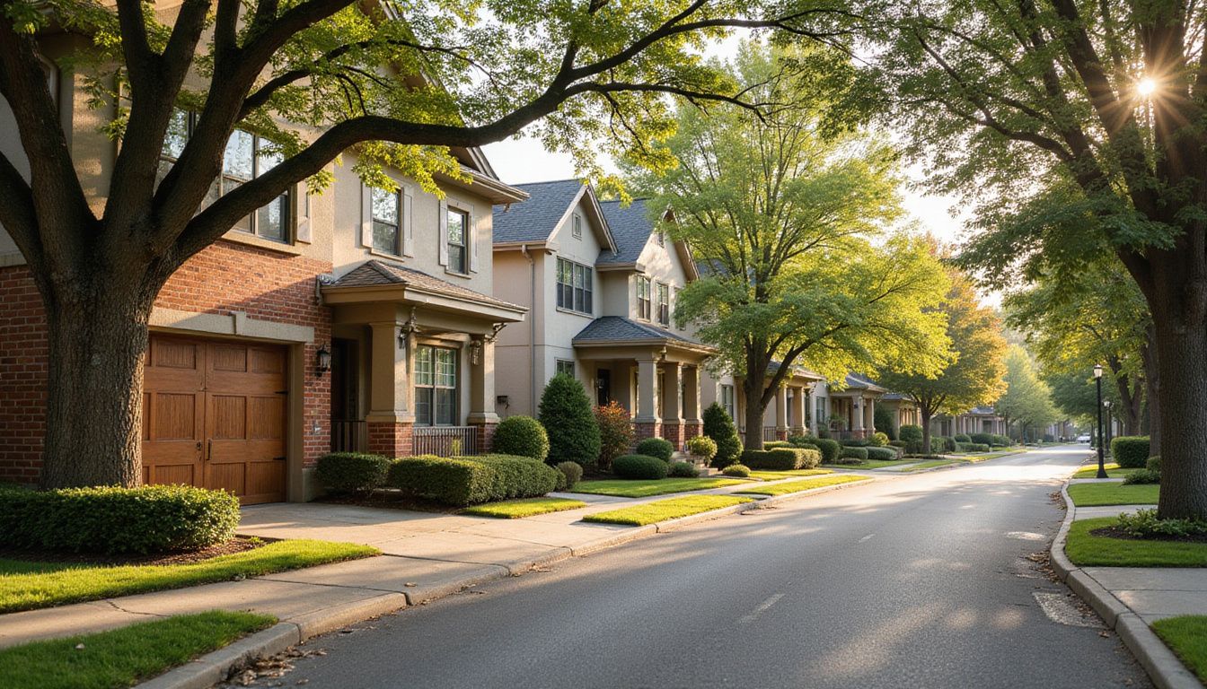 A peaceful suburban neighborhood with well-maintained homes and trees. A peaceful suburban neighborhood with well-maintained homes and trees.