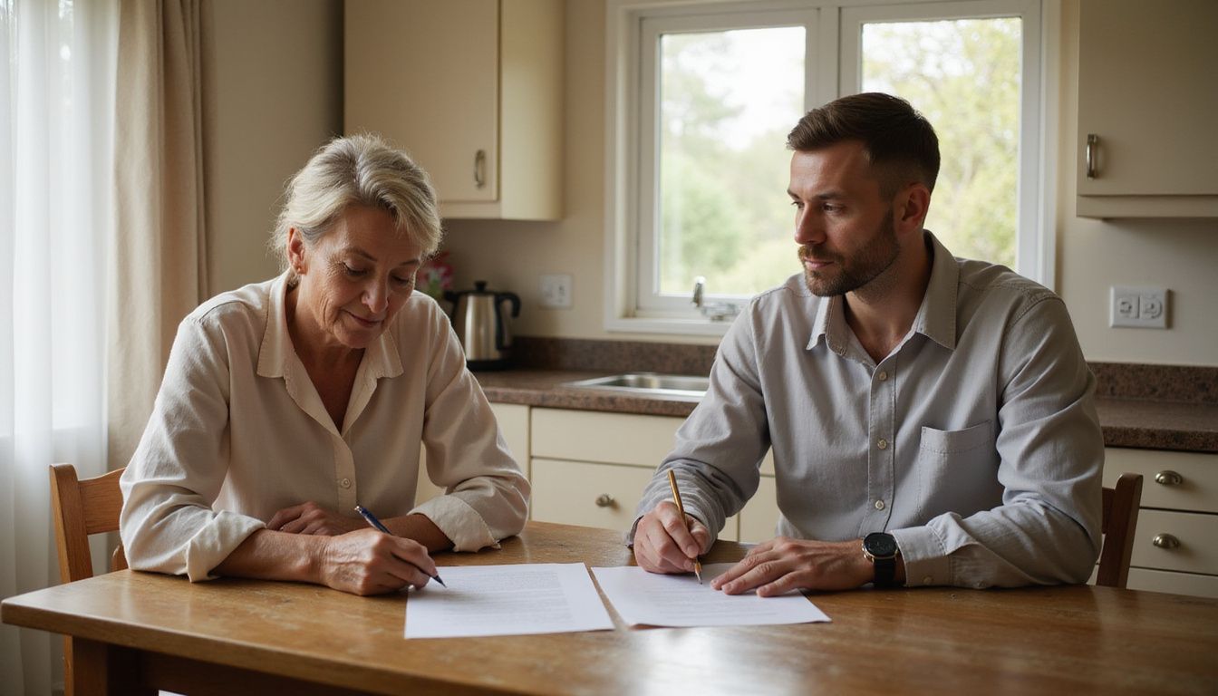 A couple discusses a real estate contract with an investor in their kitchen. A couple discusses a real estate contract with an investor in their kitchen.