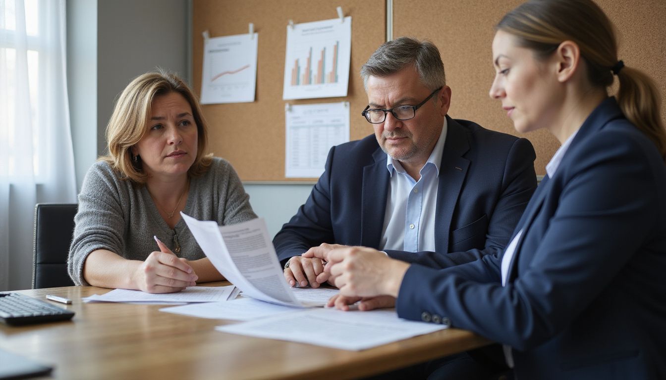 A couple consults a real estate agent in an office. A couple consults a real estate agent in an office.