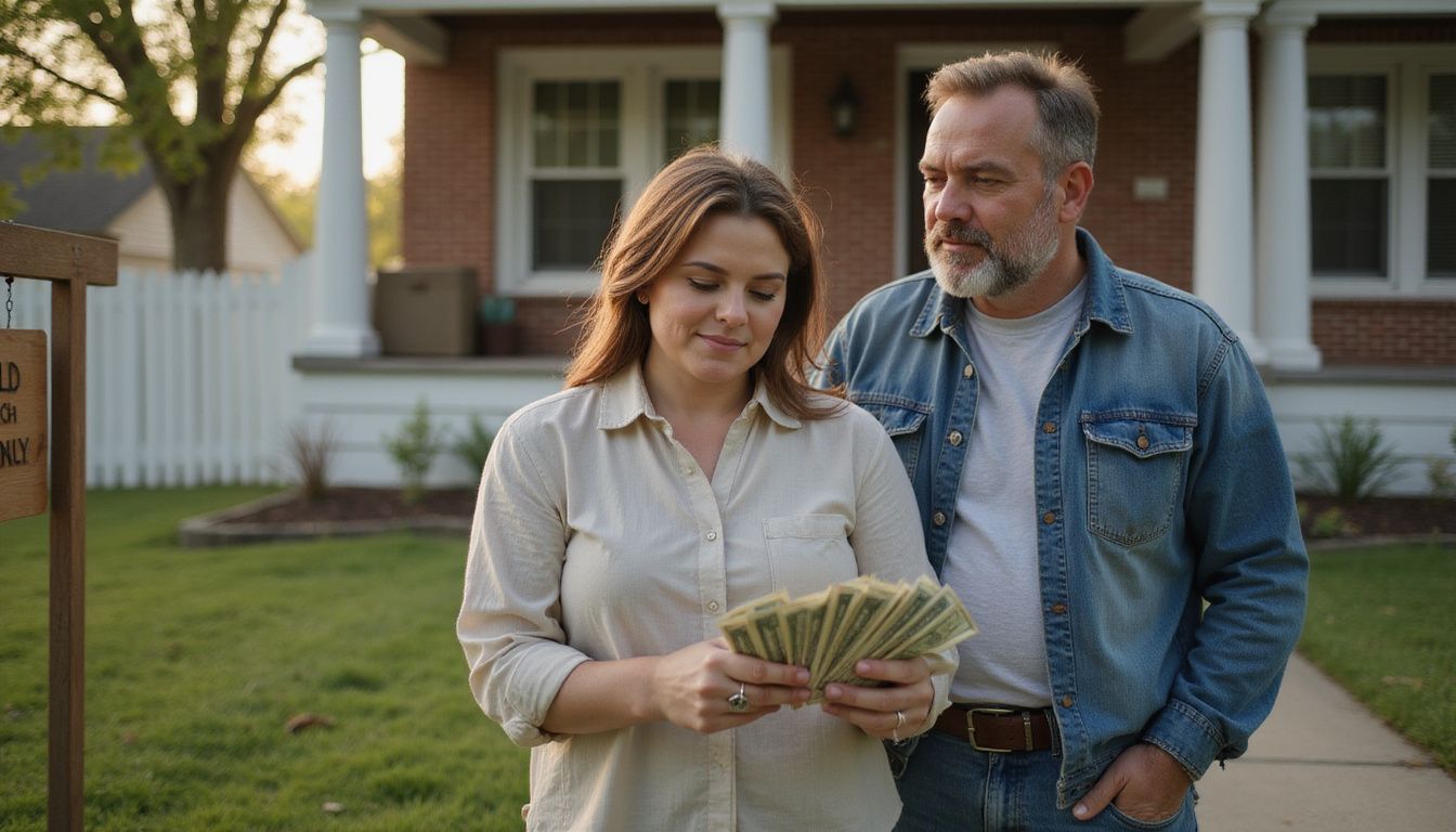 A couple stands proudly with cash in front of their sold home. A couple stands proudly with cash in front of their sold home.
