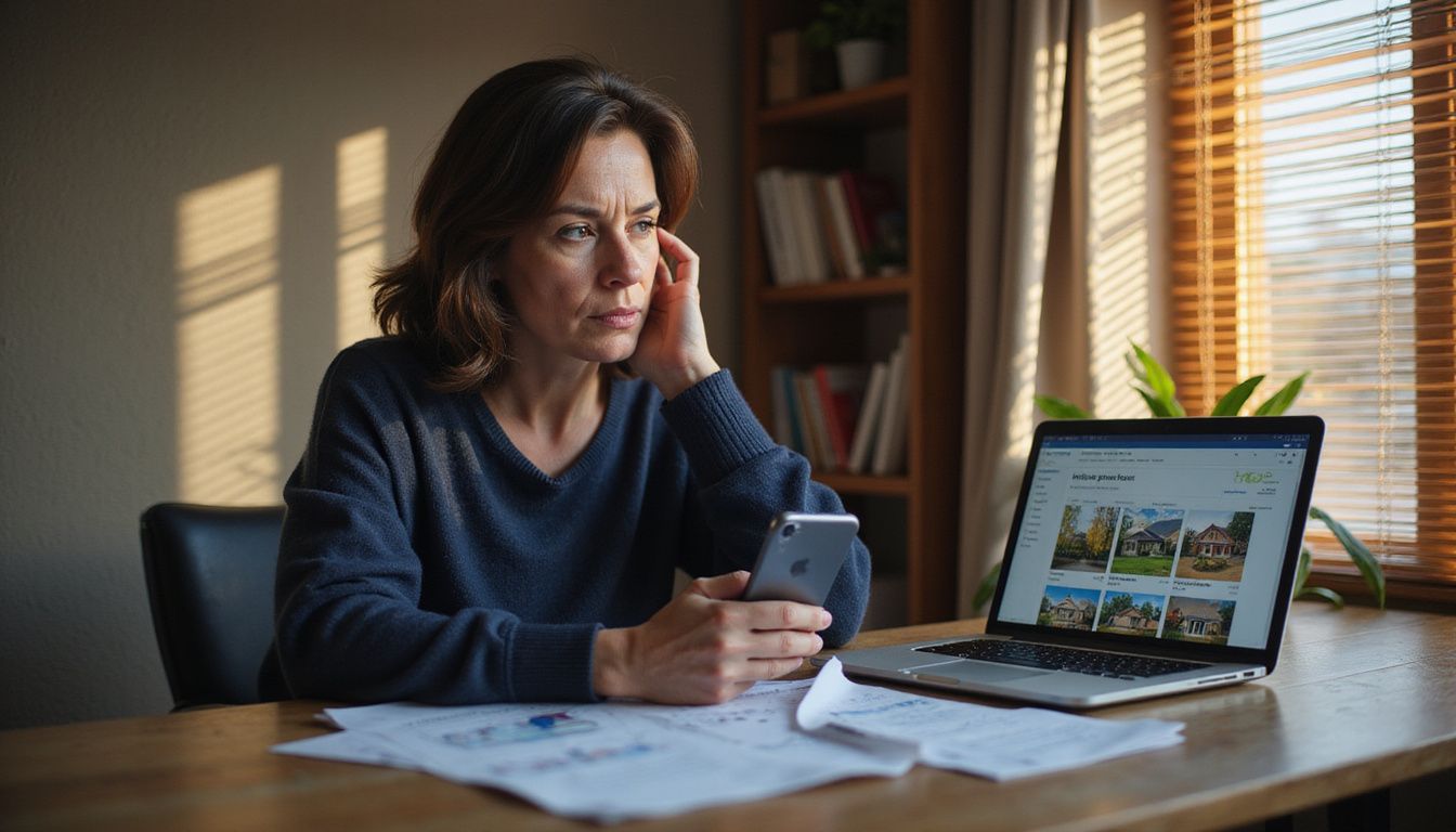 A woman focuses intently on real estate instructions while on a call. A woman focuses intently on real estate instructions while on a call.