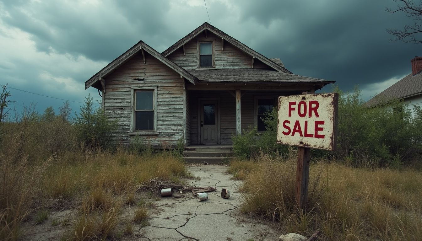 A weathered wooden house for sale, surrounded by overgrown weeds and debris. A weathered wooden house for sale, surrounded by overgrown weeds and debris.
