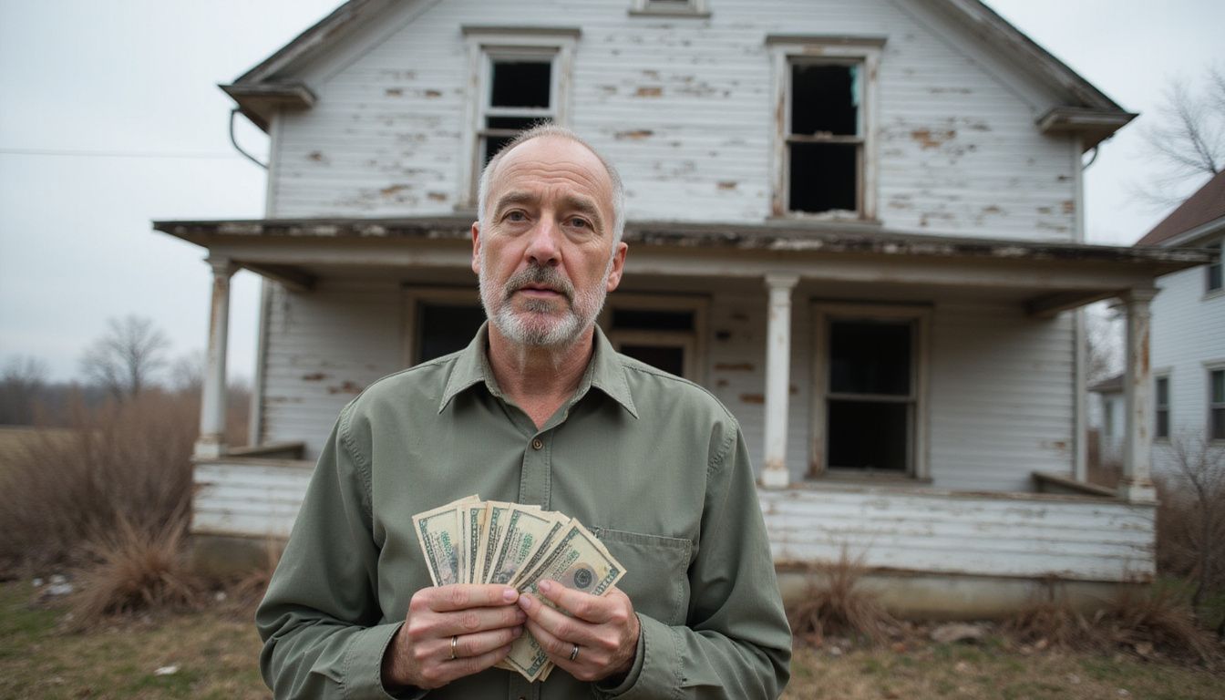 A concerned man holds cash in front of a neglected house. A concerned man holds cash in front of a neglected house.