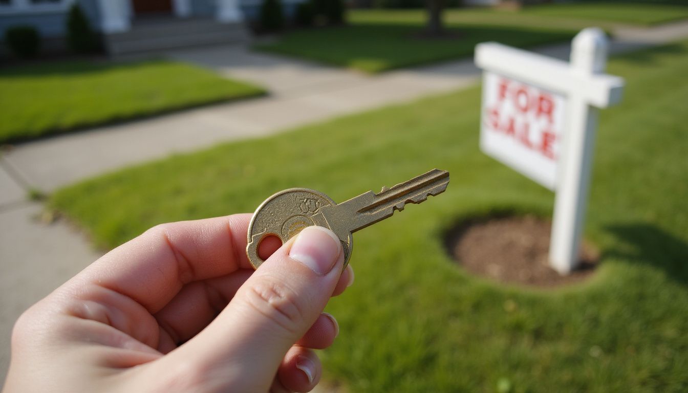 A hand holds a brass house key in front of a for-sale sign. A hand holds a brass house key in front of a for-sale sign.