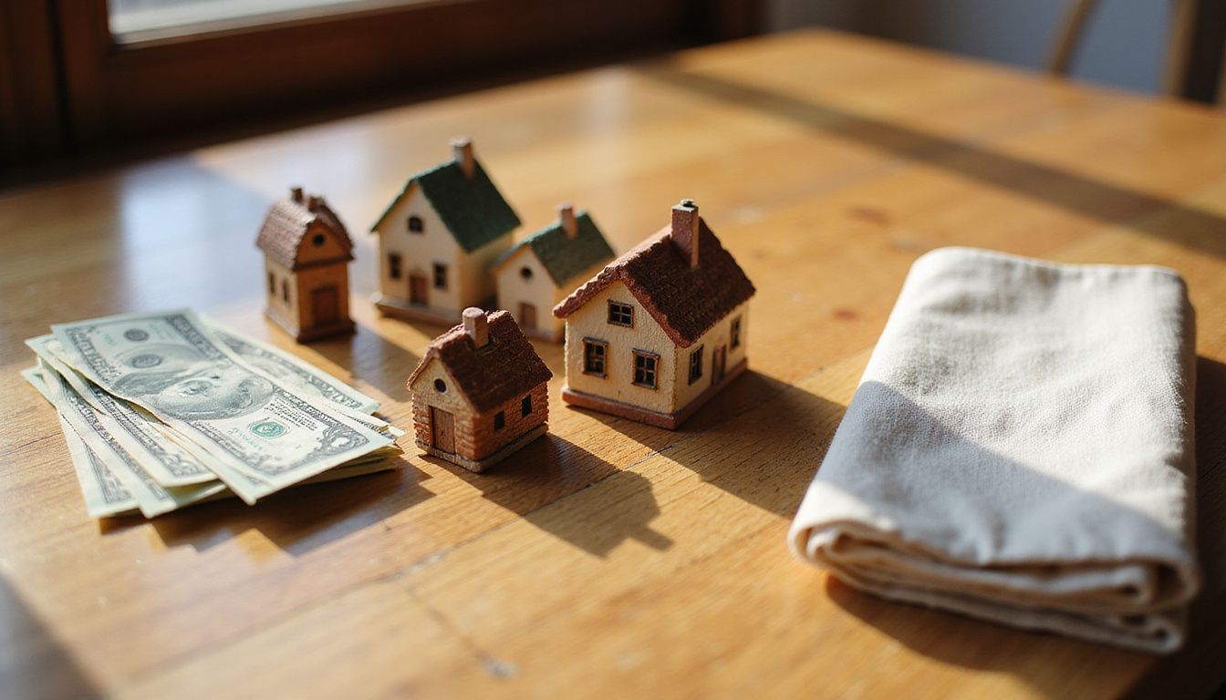 A polished oak table displays cash and detailed miniature house models. A polished oak table displays cash and detailed miniature house models.