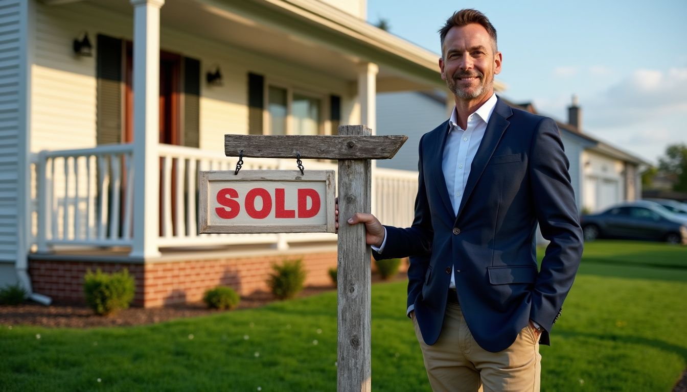 A satisfied individual stands by a 'SOLD' sign in a suburban home. A satisfied individual stands by a 'SOLD' sign in a suburban home.