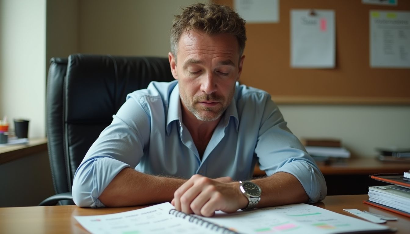 A middle-aged man shows signs of anxiety at a cluttered desk. A middle-aged man shows signs of anxiety at a cluttered desk.