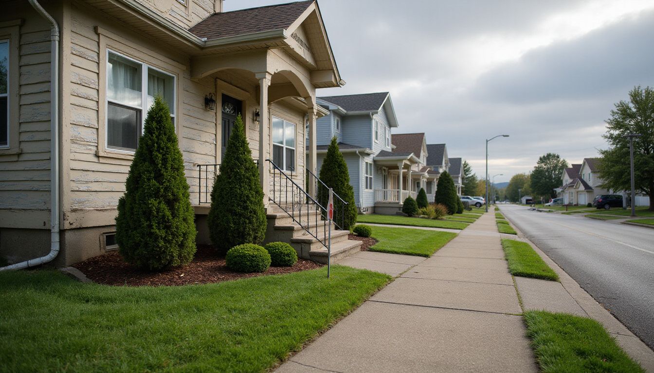 A modest home for sale with a well-maintained yard and sign. A modest home for sale with a well-maintained yard and sign.