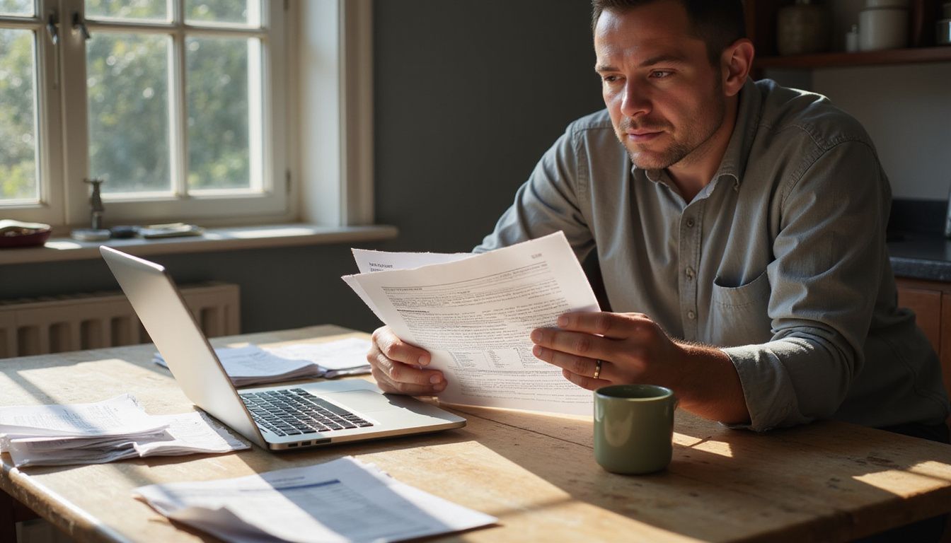 Homeowner reviews property appraisal report at a cluttered kitchen table. Homeowner reviews property appraisal report at a cluttered kitchen table.