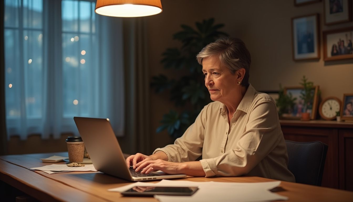 A woman concentrates on her laptop at a cluttered dining table. A woman concentrates on her laptop at a cluttered dining table.