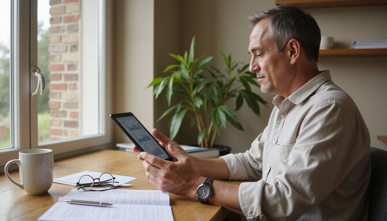 A focused homeowner reviews real estate reports in a cozy office. A focused homeowner reviews real estate reports in a cozy office.