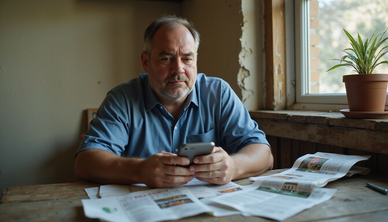 A middle-aged man anxiously examines his smartphone amidst cluttered paperwork. A middle-aged man anxiously examines his smartphone amidst cluttered paperwork.