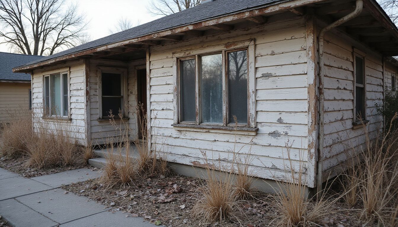 A weathered wooden house showcases neglect amidst overgrown weeds and cracked pathways. A weathered wooden house showcases neglect amidst overgrown weeds and cracked pathways.