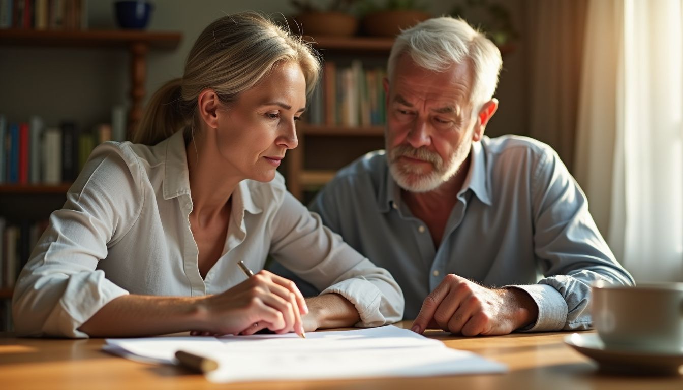 A middle-aged couple reviews contract papers at their dining table. A middle-aged couple reviews contract papers at their dining table.