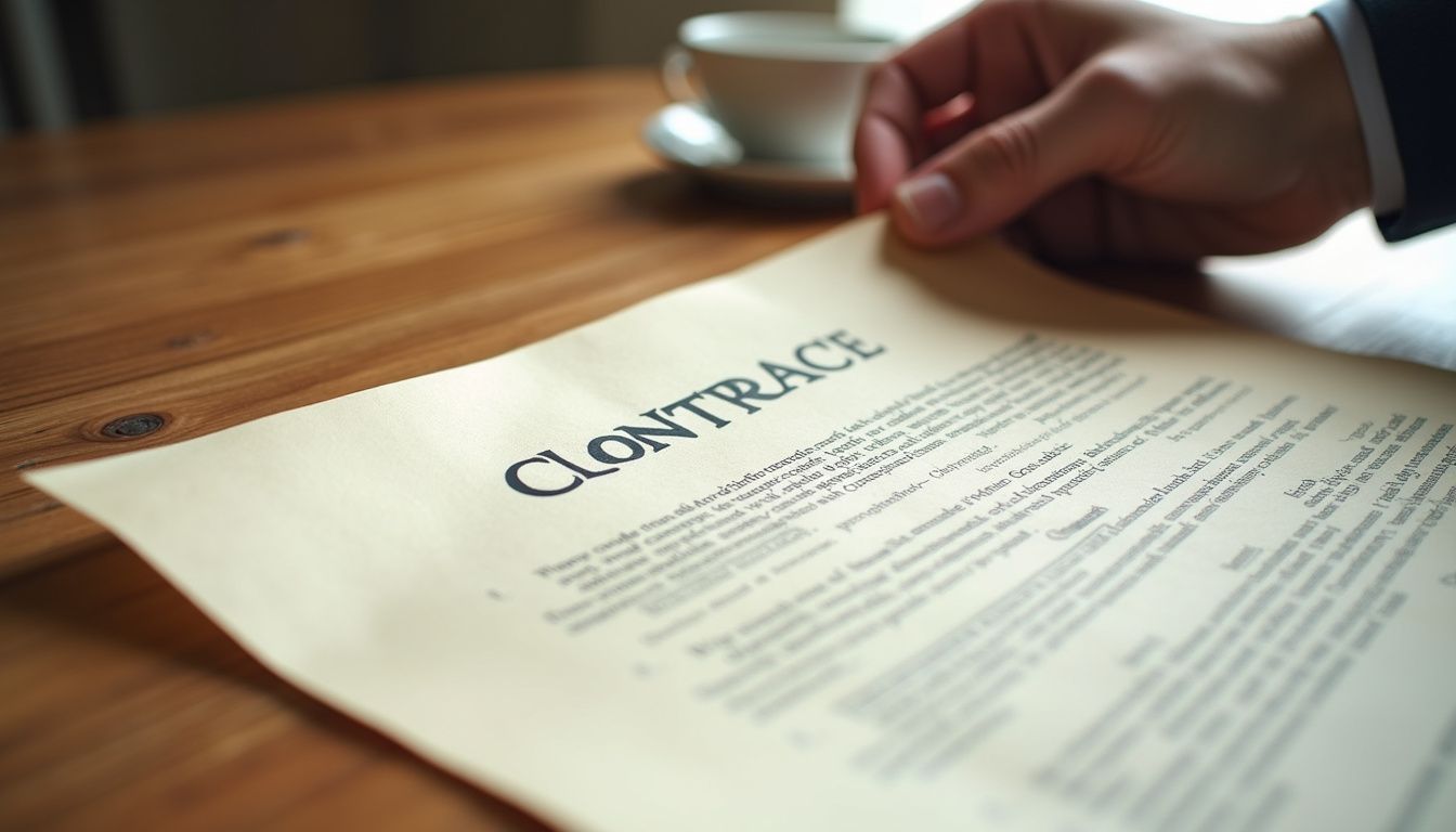 A hand reviews a textured cash home sale contract on wood table. A hand reviews a textured cash home sale contract on wood table.