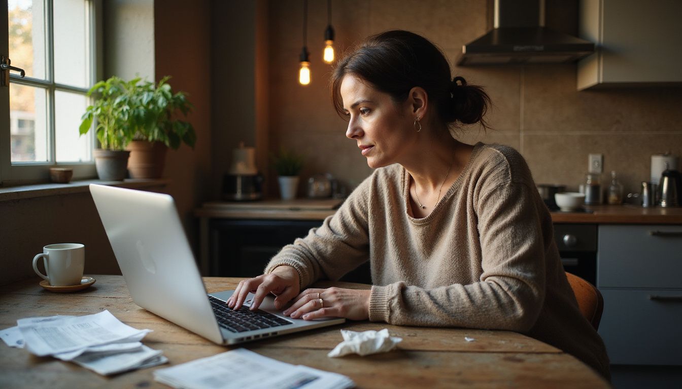 A focused woman examines cash offers at her kitchen table. A focused woman examines cash offers at her kitchen table.