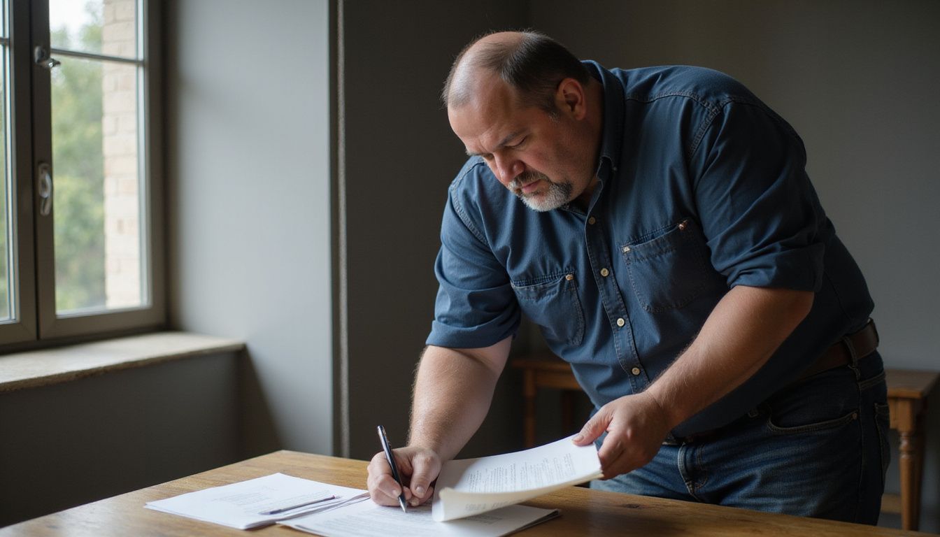 A middle-aged man studies real estate documents with focused intensity. A middle-aged man studies real estate documents with focused intensity.