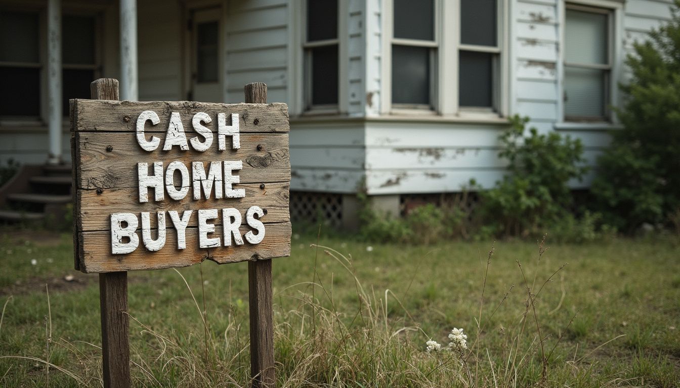 Weathered sign advertises cash home buyers in a neglected suburban setting. Weathered sign advertises cash home buyers in a neglected suburban setting.