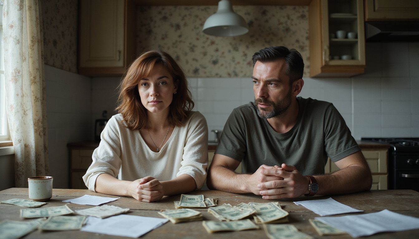 A couple confronts financial struggles over a cluttered kitchen table. A couple confronts financial struggles over a cluttered kitchen table.