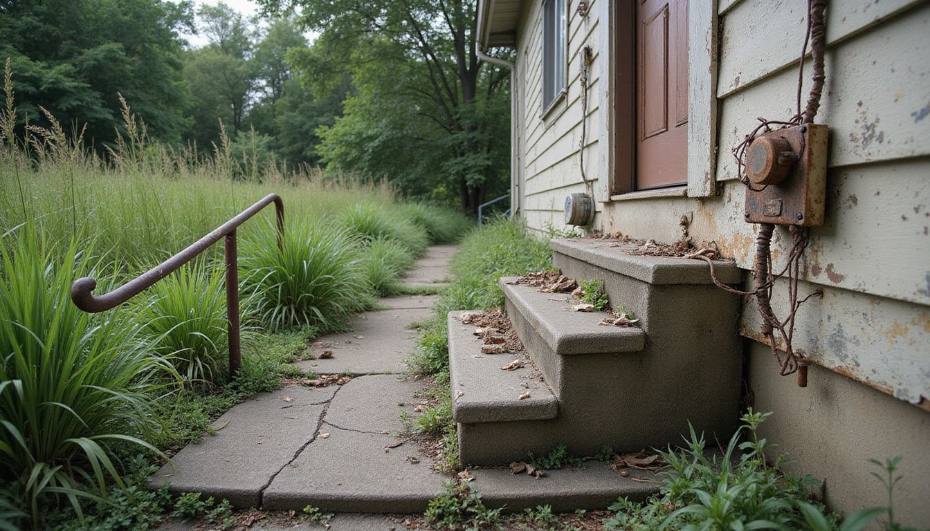 A neglected backyard features overgrown grass, cracked steps, and rusted railings. A neglected backyard features overgrown grass, cracked steps, and rusted railings.