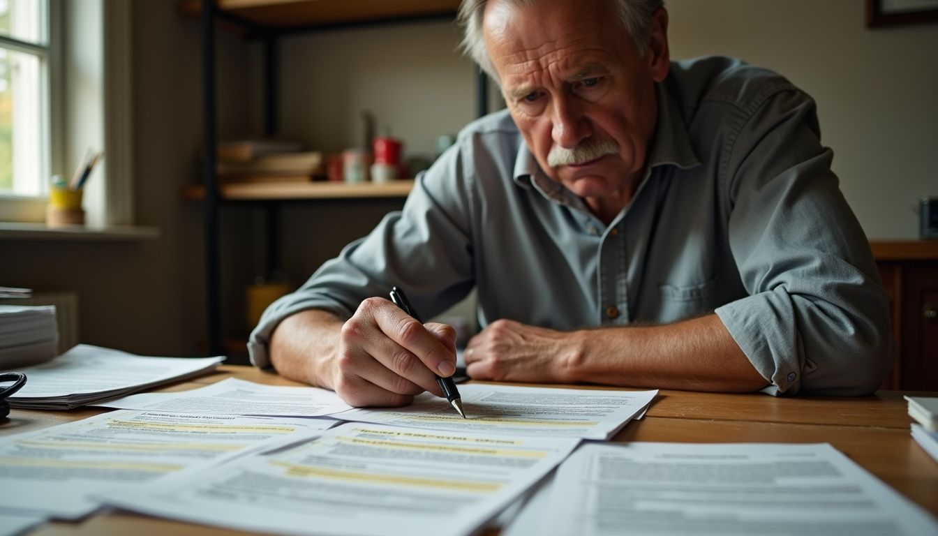 A concerned homeowner reviews important paperwork at a worn wooden desk. A concerned homeowner reviews important paperwork at a worn wooden desk.