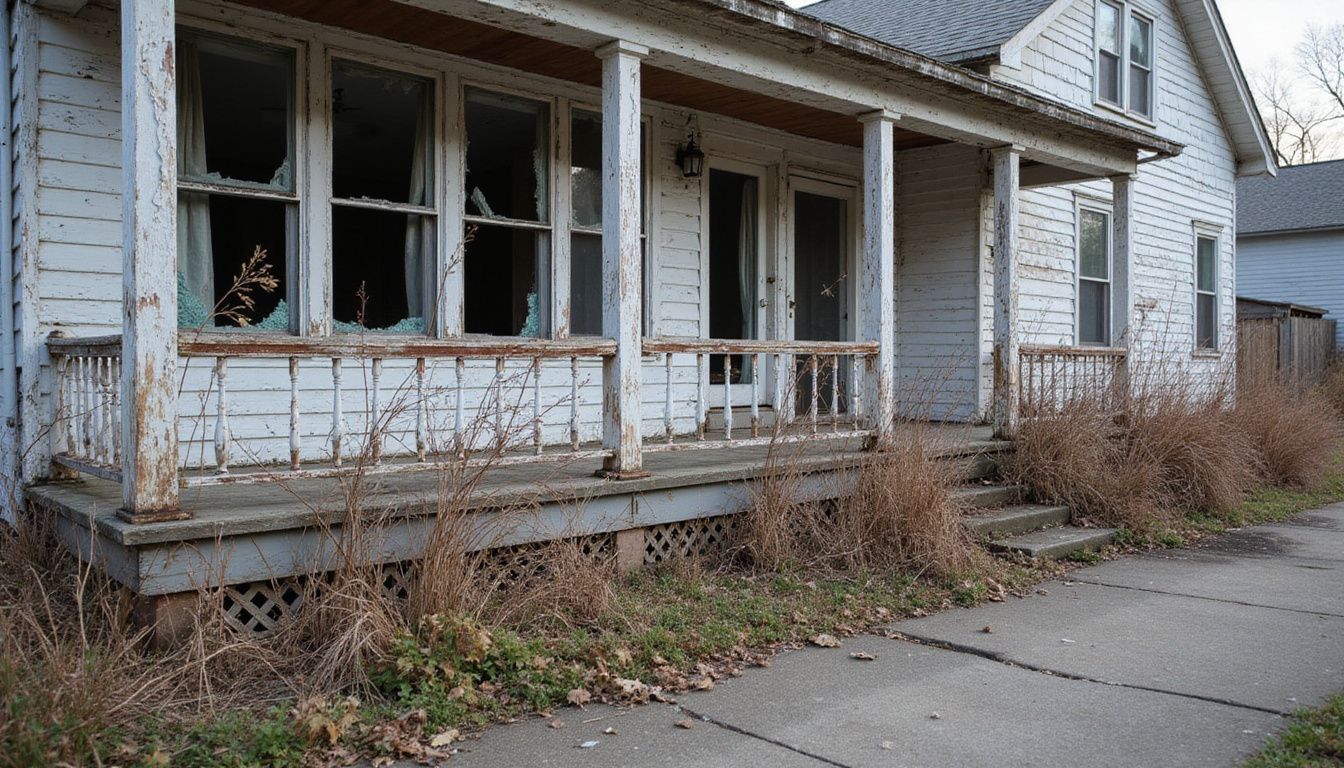 A neglected suburban house shows signs of abandonment and decay.