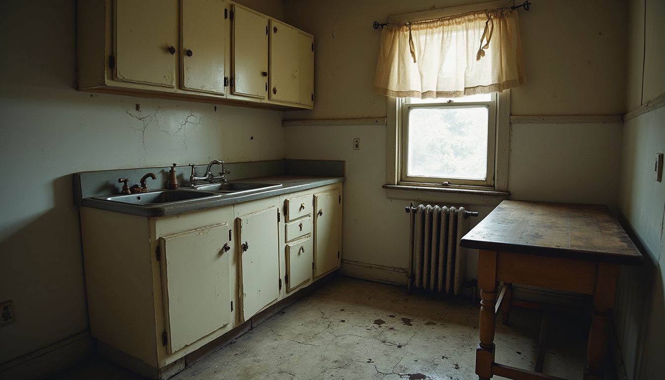 An aged, neglected kitchen reveals years of abandonment and deterioration. An aged, neglected kitchen reveals years of abandonment and deterioration.