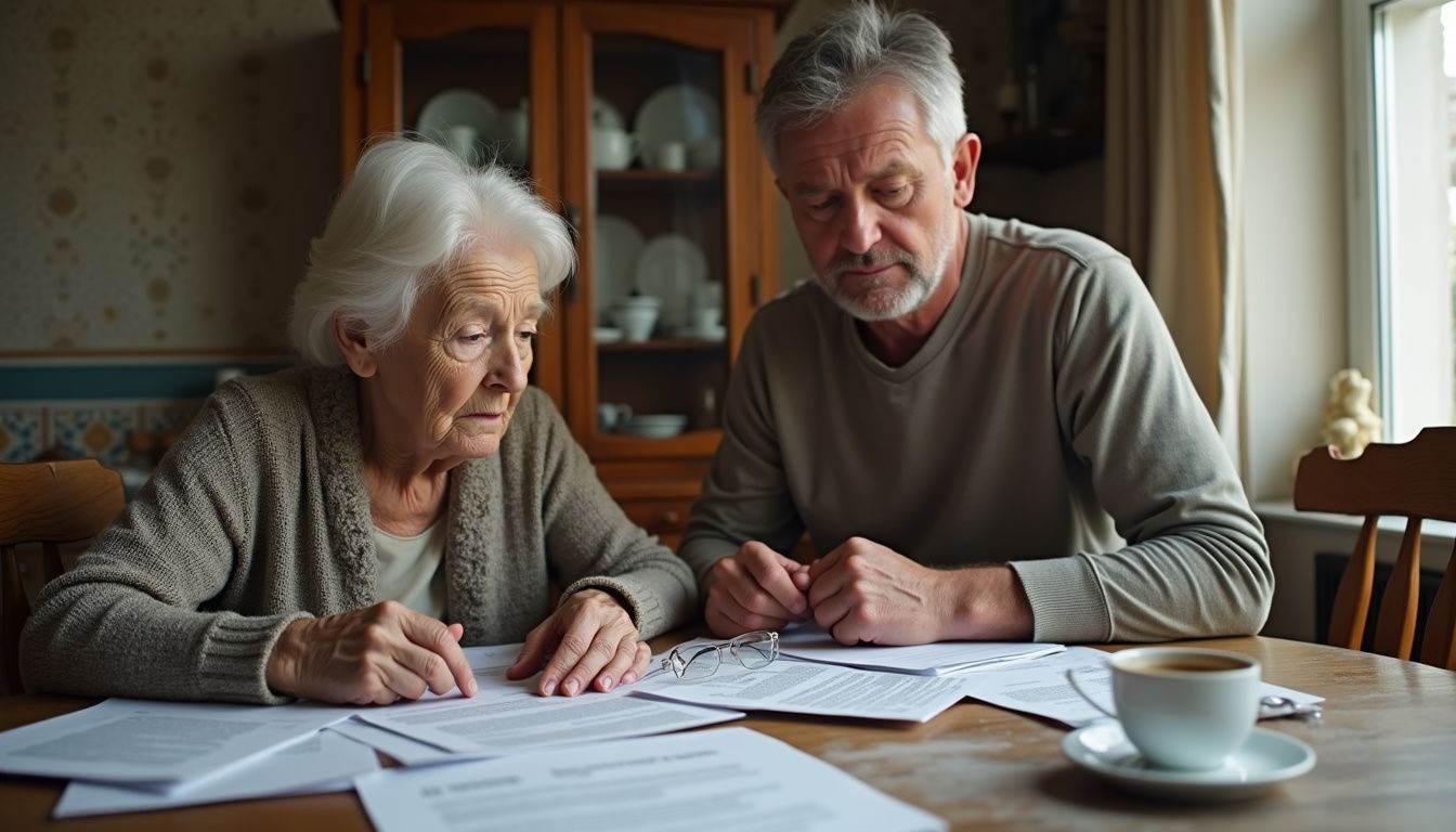 An elderly woman and a middle-aged man review important documents anxiously. An elderly woman and a middle-aged man review important documents anxiously.
