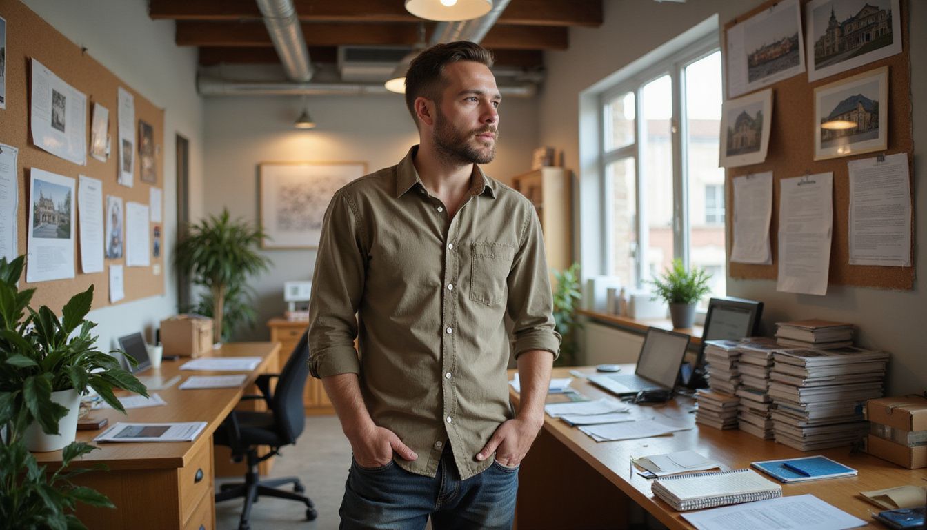 A focused man examines property listings in a busy real estate office.