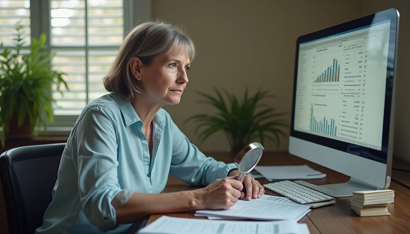 A focused woman examines paperwork using a magnifying glass at her desk.