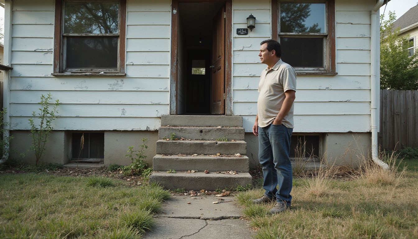 A neglected suburban house exhibits decay and overdue maintenance.