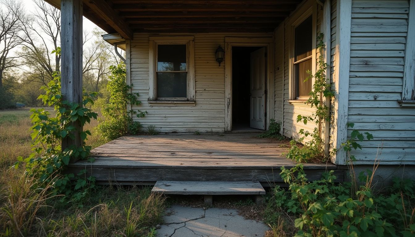A neglected house exhibits multiple code violations and overgrown landscaping. A neglected house exhibits multiple code violations and overgrown landscaping.