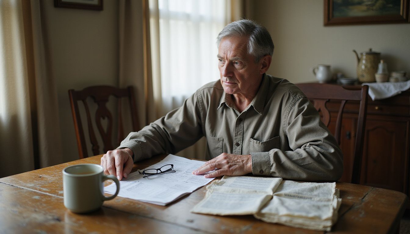 An elderly homeowner worries over unpaid bills at a worn table. An elderly homeowner worries over unpaid bills at a worn table.