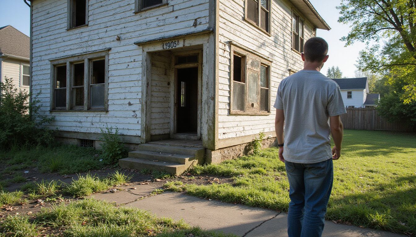 A person stands near a dilapidated, overgrown suburban house. A person stands near a dilapidated, overgrown suburban house.
