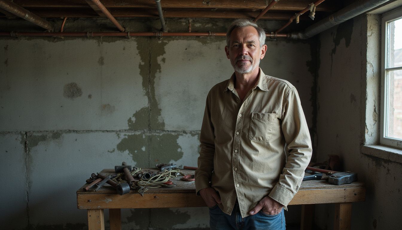 A middle-aged homeowner stands in a cluttered, dim basement. A middle-aged homeowner stands in a cluttered, dim basement.