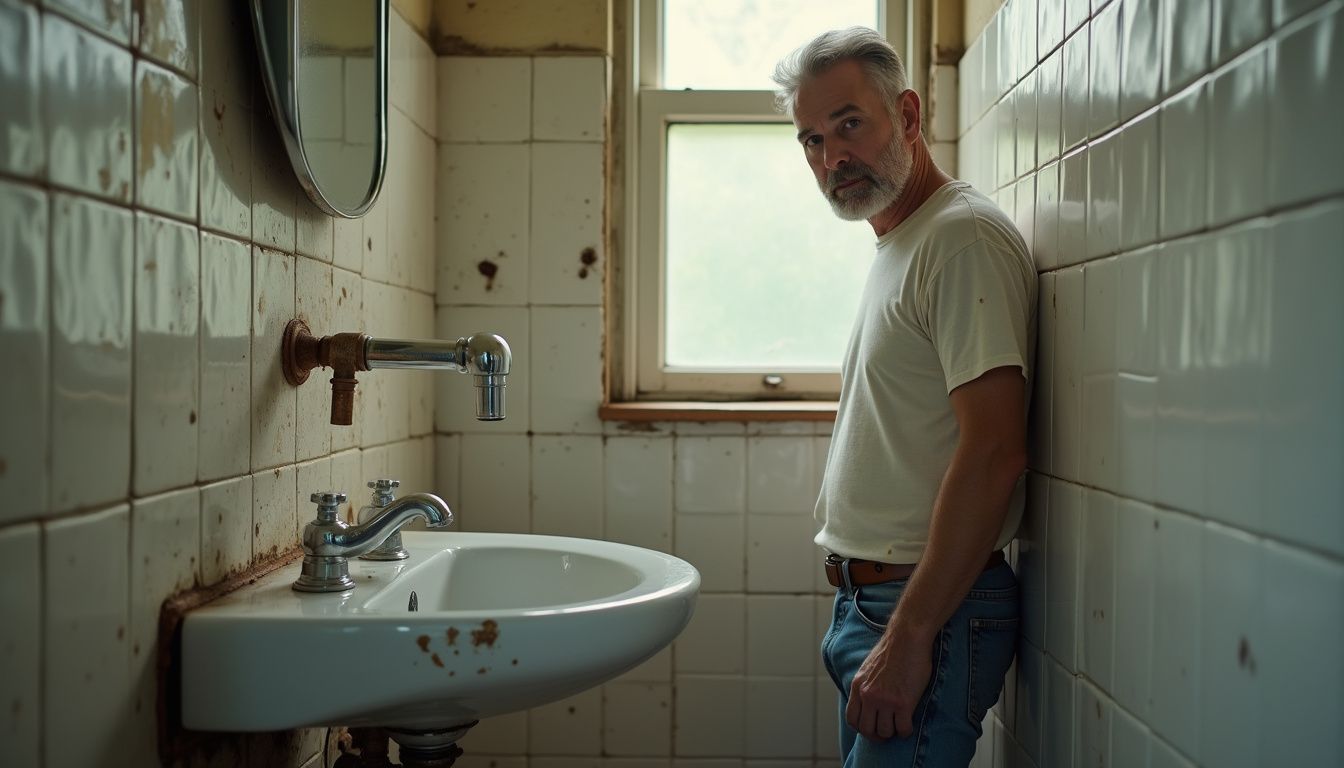 A middle-aged man contemplates in a worn bathroom filled with imperfections. A middle-aged man contemplates in a worn bathroom filled with imperfections.
