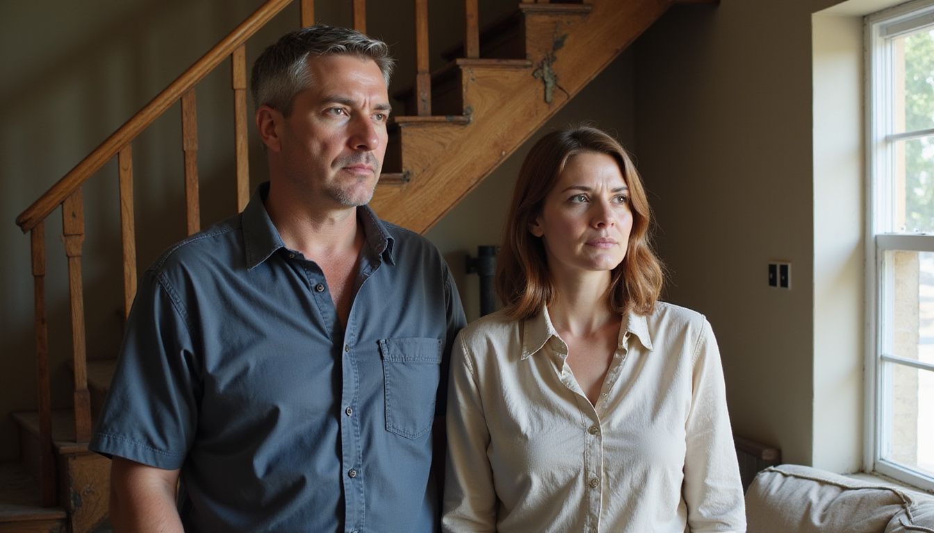 A couple assesses a worn staircase in their lived-in living room. A couple assesses a worn staircase in their lived-in living room.