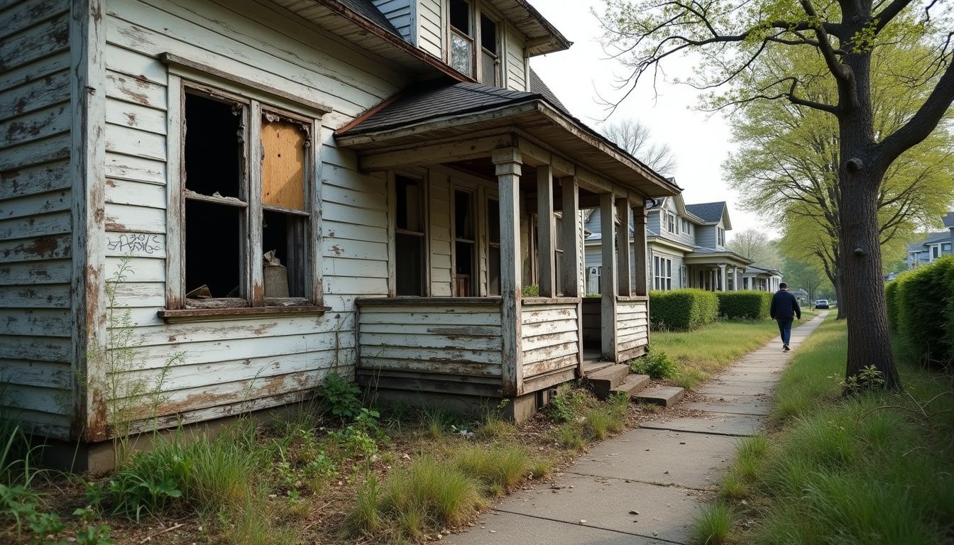Neglected house with weathered exterior in a residential neighborhood. Neglected house with weathered exterior in a residential neighborhood.