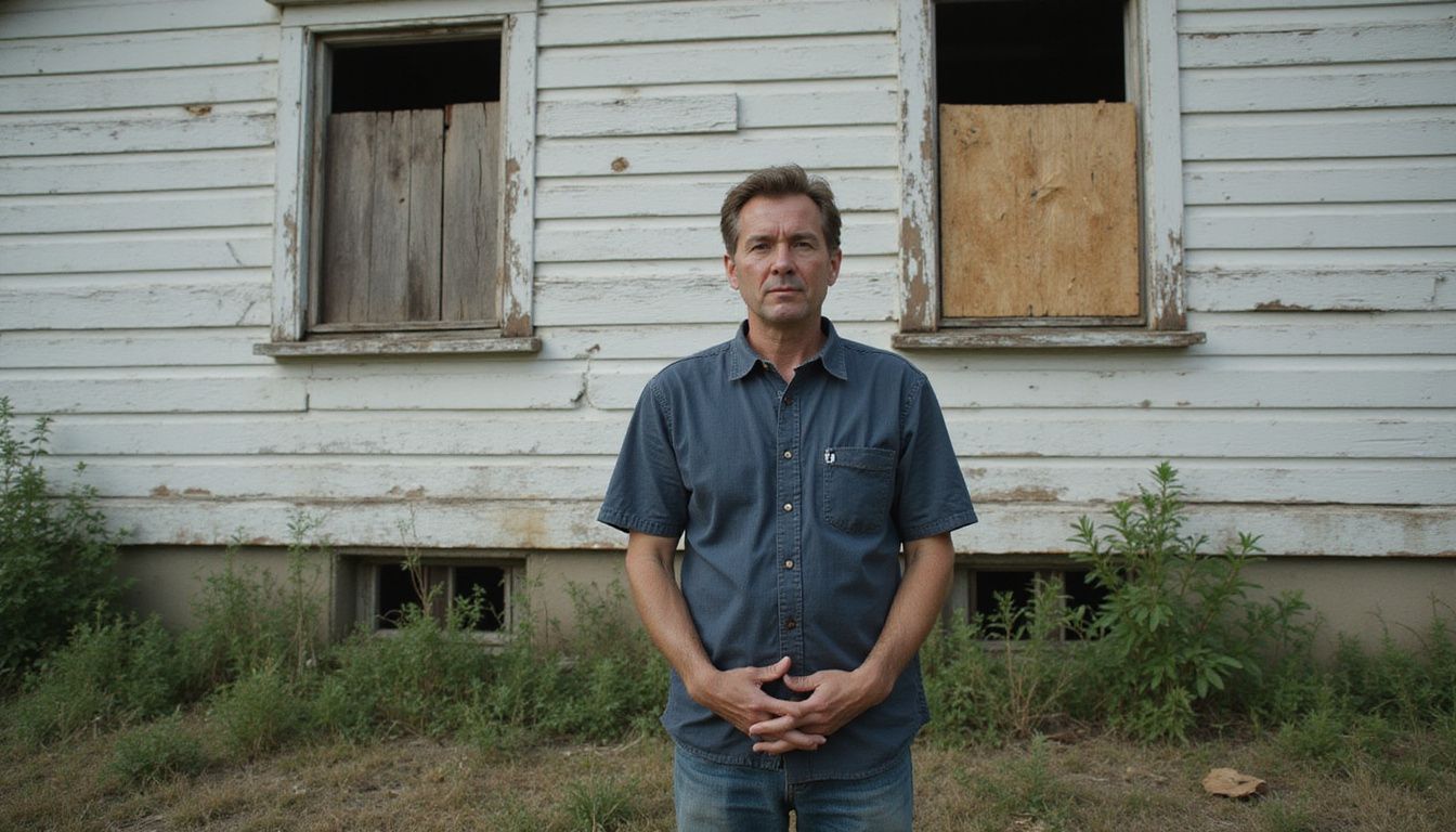 A worried man stands in front of a dilapidated house. A worried man stands in front of a dilapidated house.